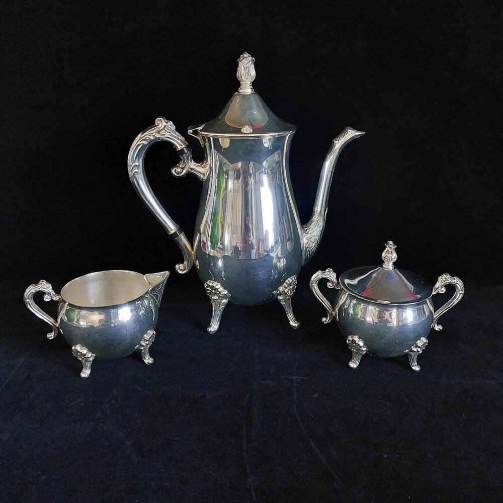 Vtg Leonard Silverplate 3pc Coffee Tea Service Set Ornate Footed Pot Sugar Cream